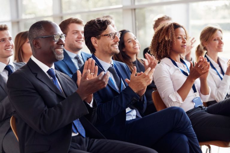 Smiling Audience Applauding At A Business Seminar Plqauxk Vab